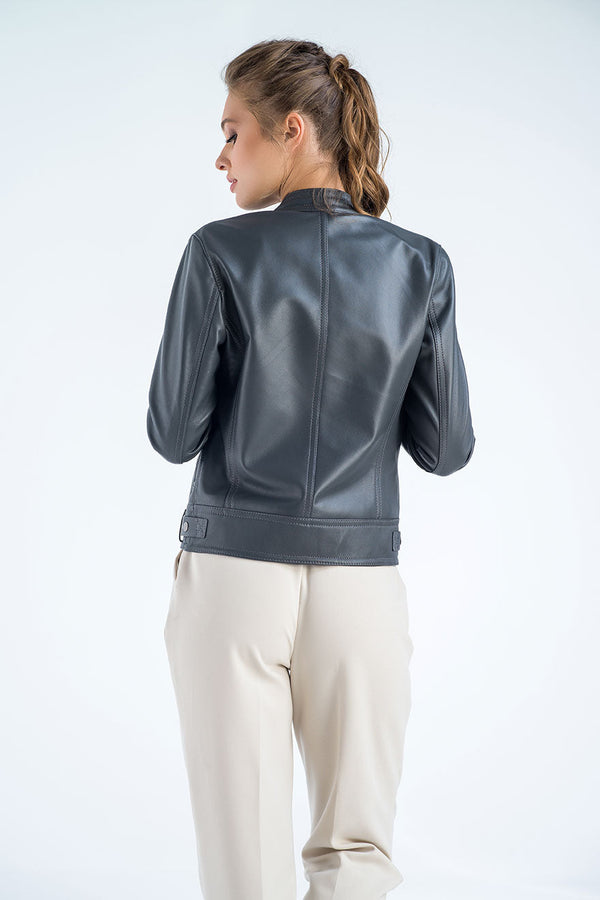 Gray Genuine Cropped Leather Jacket-1