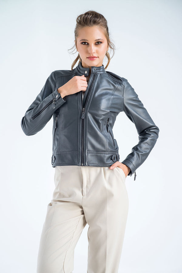 Gray Genuine Cropped Leather Jacket-0