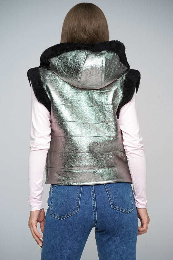 Metallic Silver Merino Shearling Hooded Vest-1