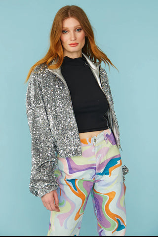 Silver Sequin Cropped Biker Jacket-2