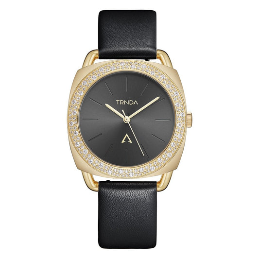 TRNDA Women's Watch with Gold Stainless Steel Case and Black Leather Band-0