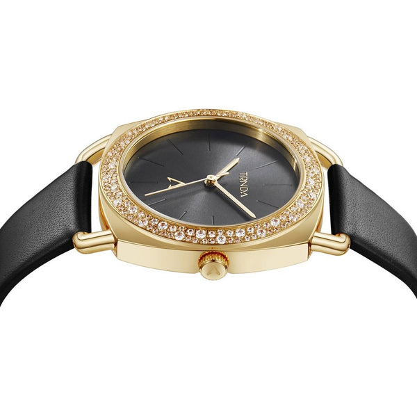 TRNDA Women's Watch with Gold Stainless Steel Case and Black Leather Band-2