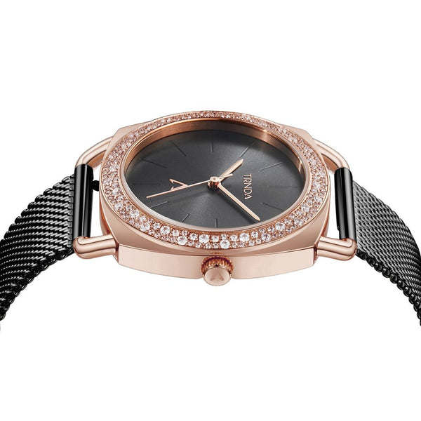 TRNDA Women's Watch with Rose Gold Stainless Steel Case and Black Stainless Steel Band-2