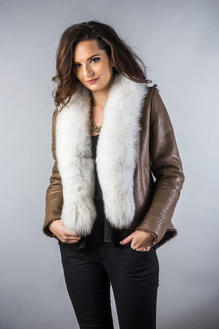 Taupe Merino Shearling Jacket with Arctic Fox Fur Collar-1