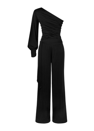 Black Knit Two-Piece Outfit With An Asymmetrical One-Sleeve Blouse And Palazzo Pants-1