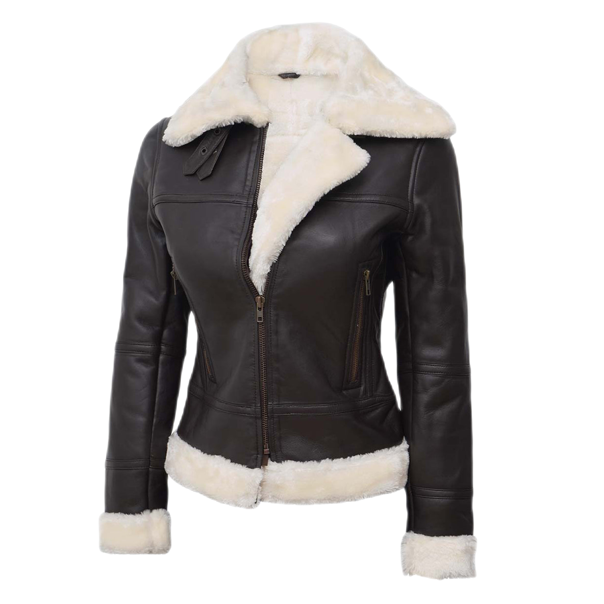 Lucy Women’s Faux Fur Lined Leather Bomber Jacket Brown-0