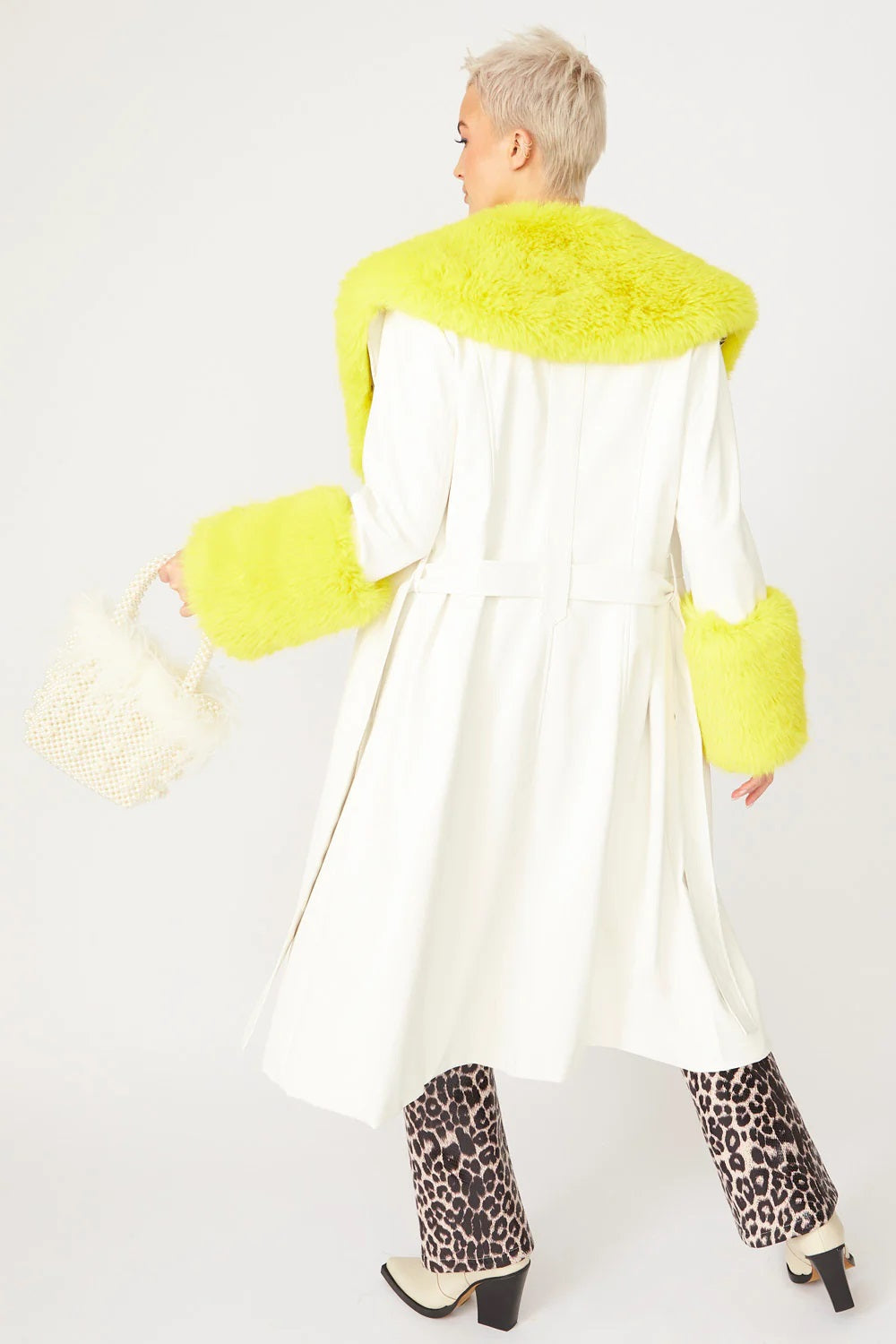 White Yellow Faux Leather Trench Coat with Faux Fur Collar and Cuffs-3