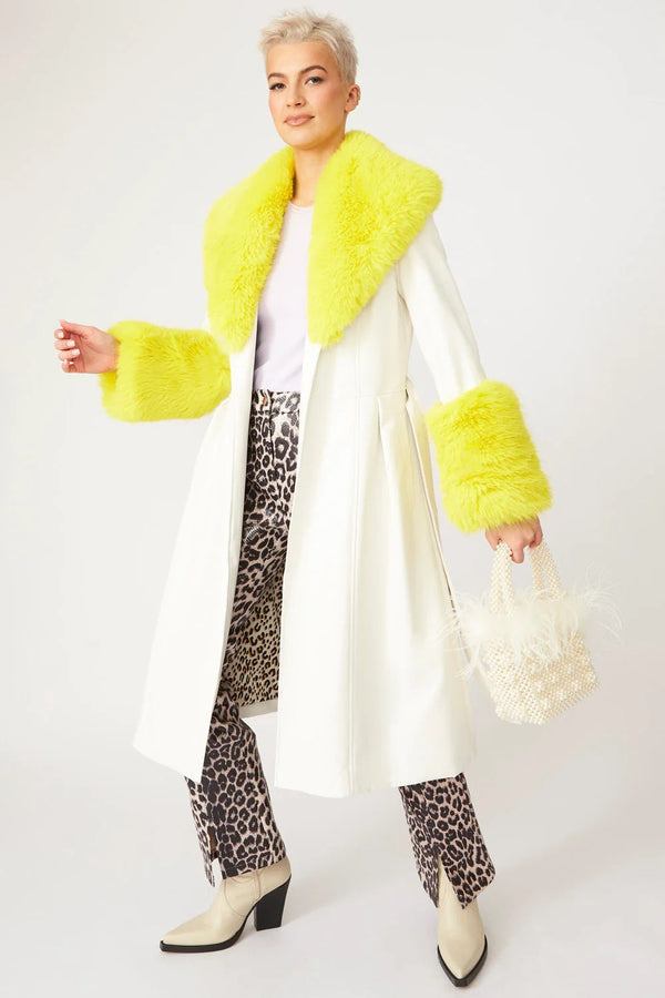 White Yellow Faux Leather Trench Coat with Faux Fur Collar and Cuffs-0