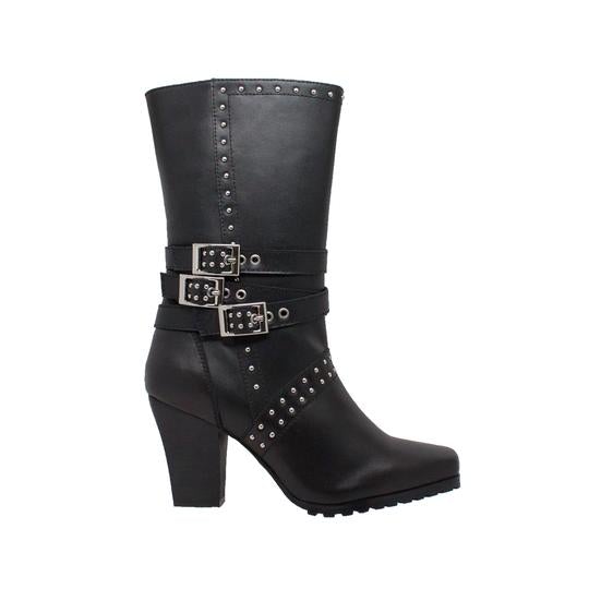 Women's 12" Heeled Buckle Boot Black Leather Boots-4