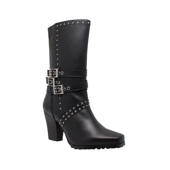 Women's 12" Heeled Buckle Boot Black Leather Boots-0