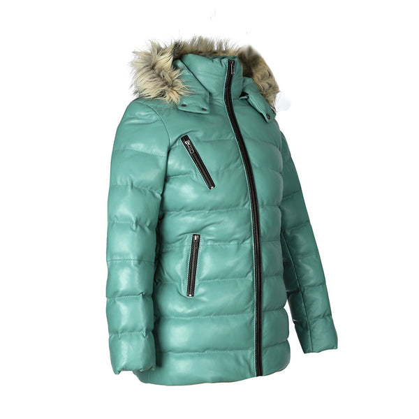 Womens Selina Puffer Leather Jacket with Fur Hoodie (Cyan)-1