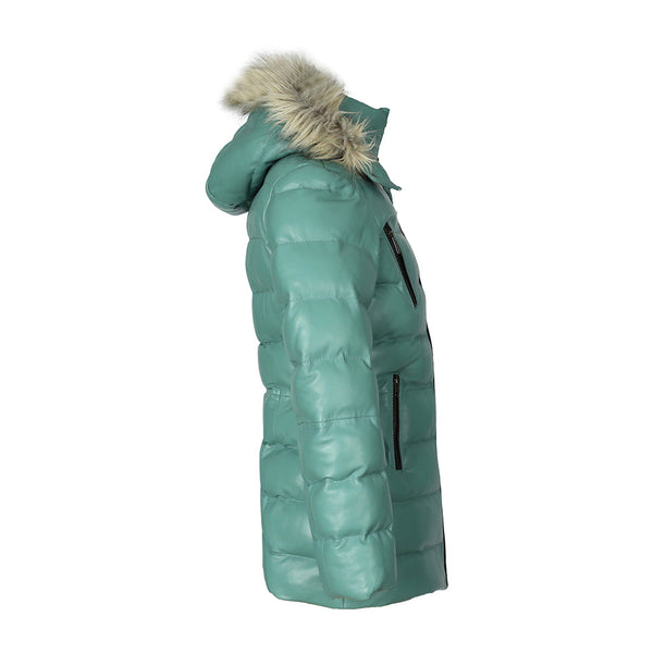 Womens Selina Puffer Leather Jacket with Fur Hoodie (Cyan)-2