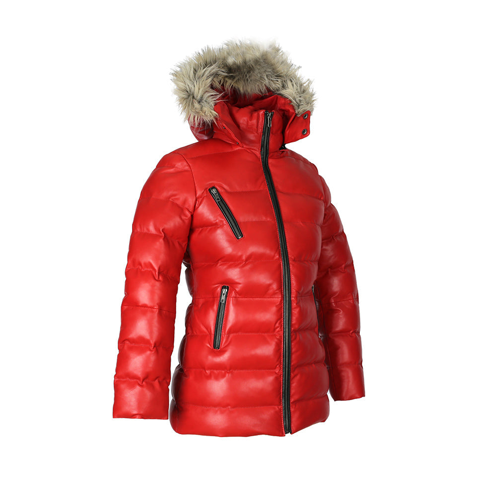 Womens Selina Puffer Leather Jacket with Fur Hoodie (Red)-1