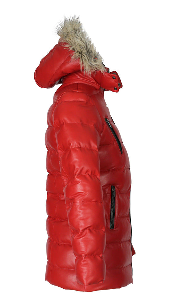 Womens Selina Puffer Leather Jacket with Fur Hoodie (Red)-2