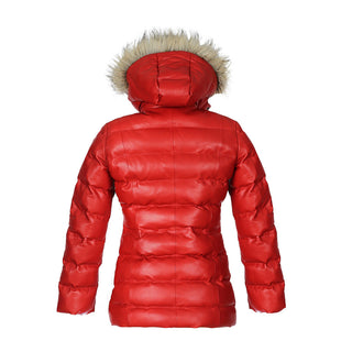 Womens Selina Puffer Leather Jacket with Fur Hoodie (Red)-3