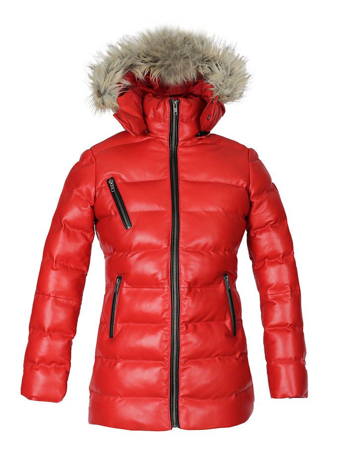 Womens Selina Puffer Leather Jacket with Fur Hoodie (Red)-0