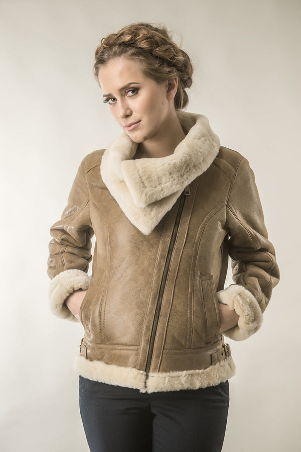 Light Brown Shearling Leather Biker Jacket with Merino Fur-1