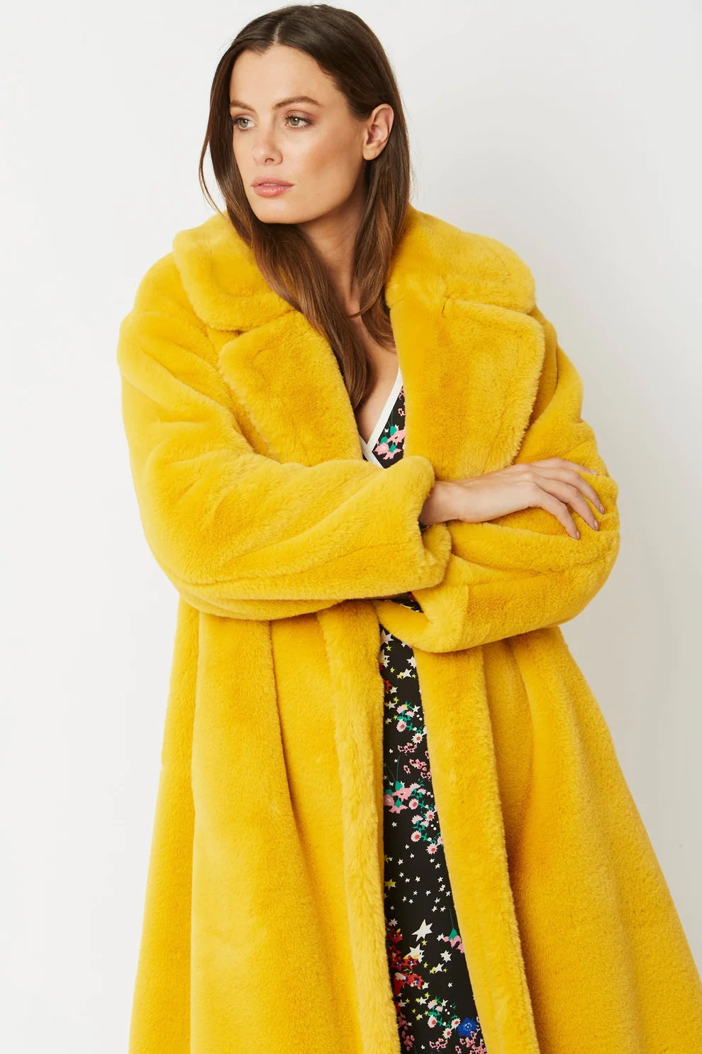 Yellow Faux Fur Midi Shaved Shearling Coat-1