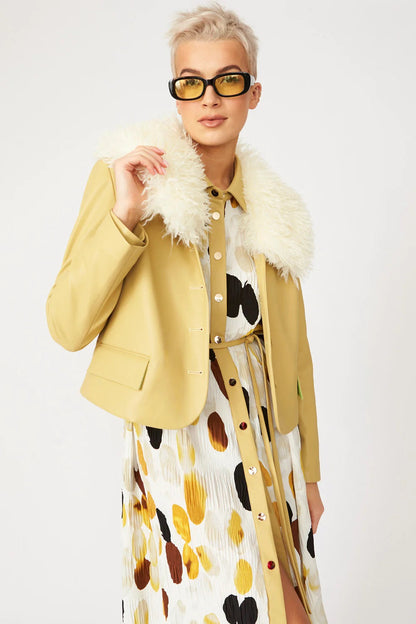 Yellow Faux Leather Jacket With Faux Shearling Collar-0