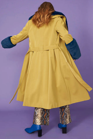 Yellow Faux Leather Trench Coat with Faux Fur Collar and Cuffs-3