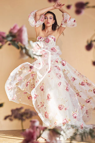 Strapless Organza Peony Print Ball Gown-1