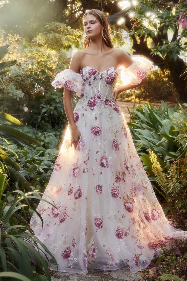 Strapless Organza Peony Print Ball Gown-2