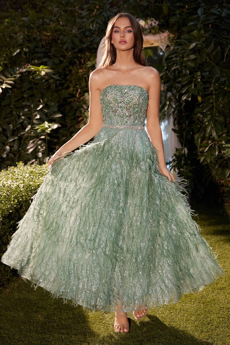 Strapless Feather Tea Length Sage Dress-0