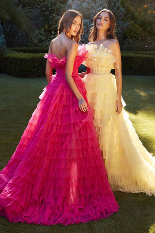 High Low Ruffled Tulle Gown With Feather Details-1