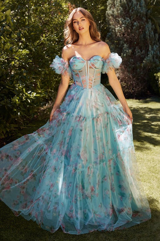 Blue Floral Printed Ball Gown-0