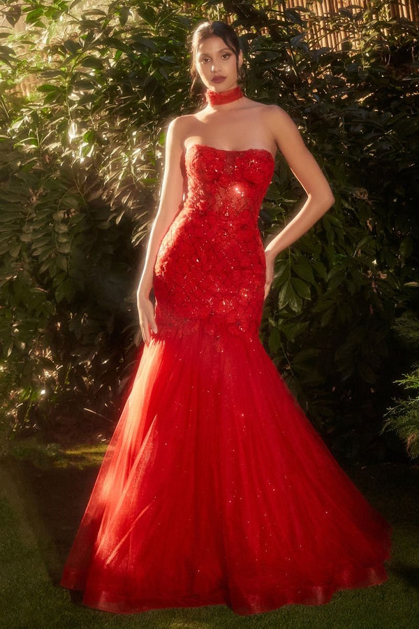 Strapless Red Tulle Mermaid Gown-0