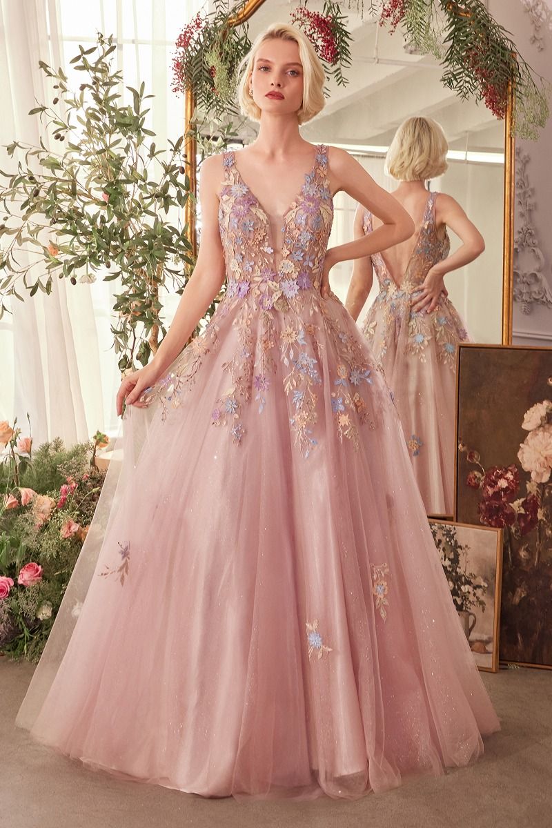 Floral Applique A-Line Layered Tulle Gown-0