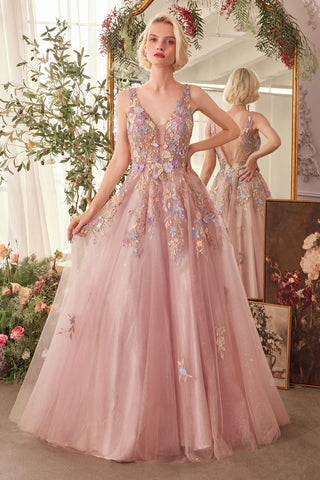 Floral Applique A-Line Layered Tulle Gown-0