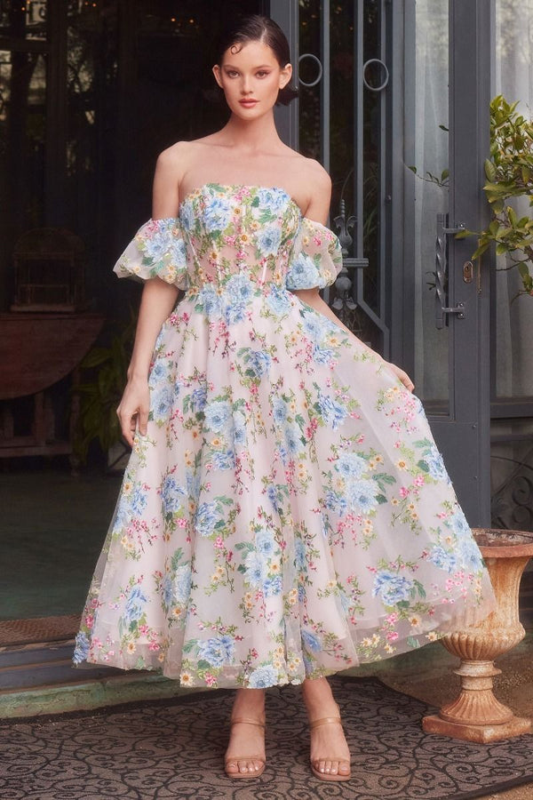 Floral Print Strapless Tea Length A-Line Dress-0