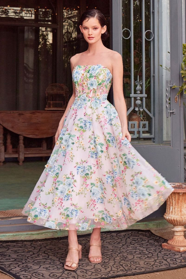 Floral Print Strapless Tea Length A-Line Dress-1