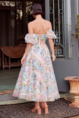 Floral Print Strapless Tea Length A-Line Dress-2