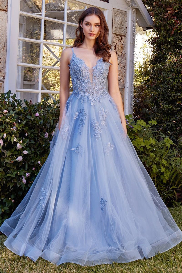 Lace Appliqued A-Line Layered Tulle Gown-0