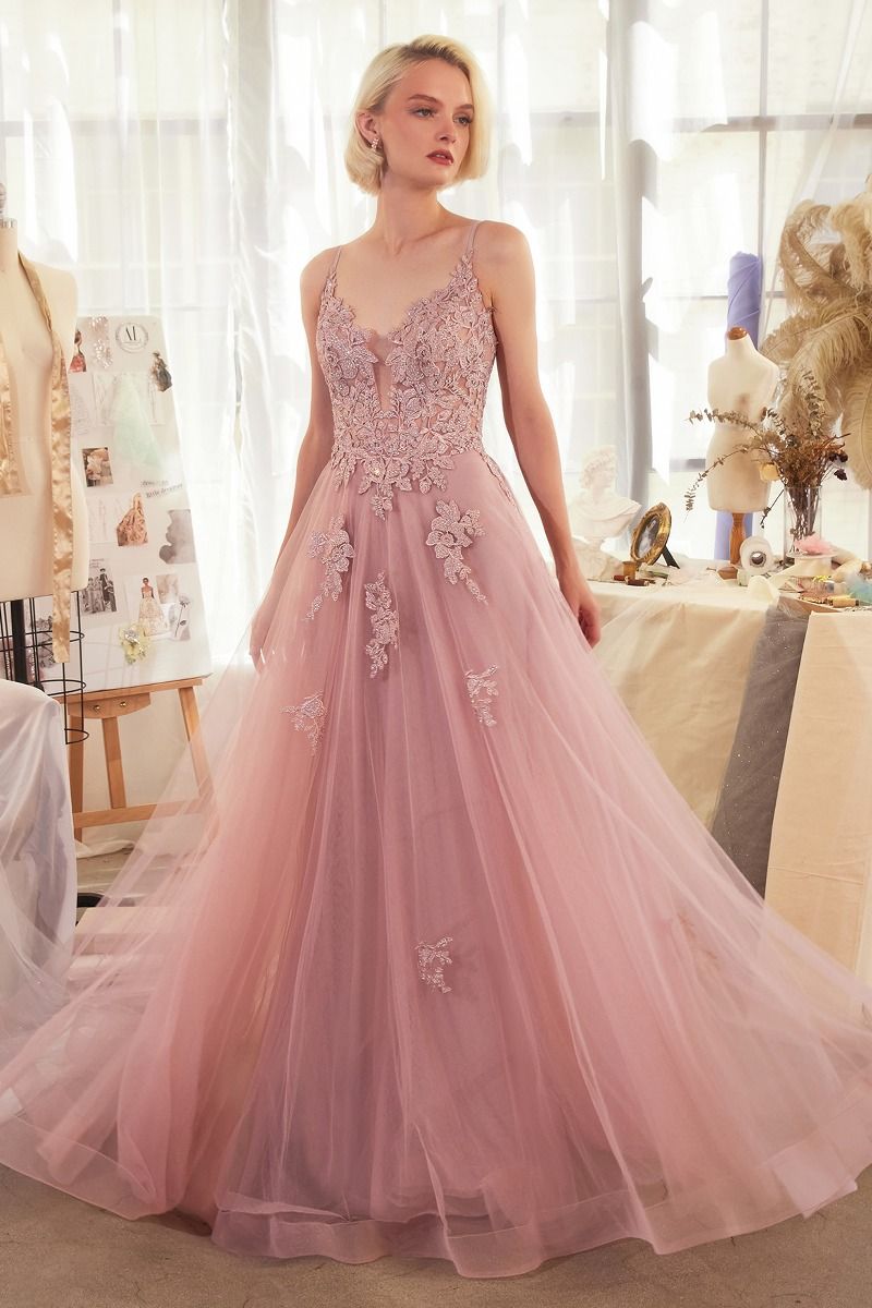 Lace Appliqued A-Line Layered Tulle Gown-2