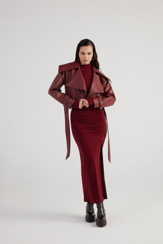 Neeko Burgundy Faux Leather Cropped Jacket-2