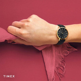 TIMEX Women's Watch with Gold Brass Case and Black Leather Band-3