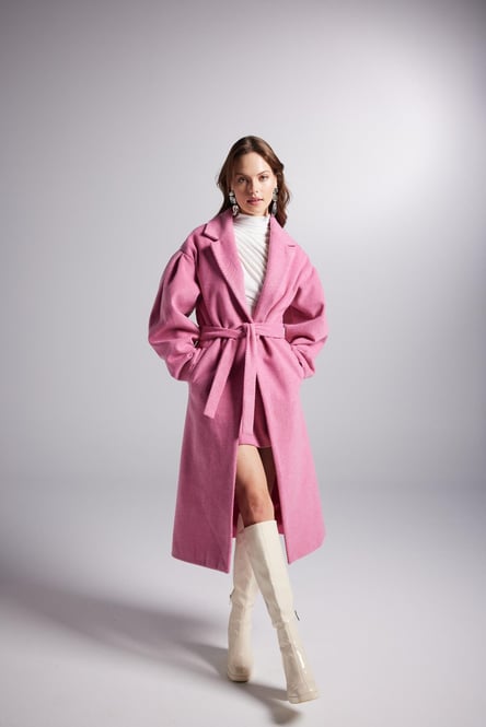 Belted Single Buttoned Maxi Pink Cashmere Mira Trench Coat-4