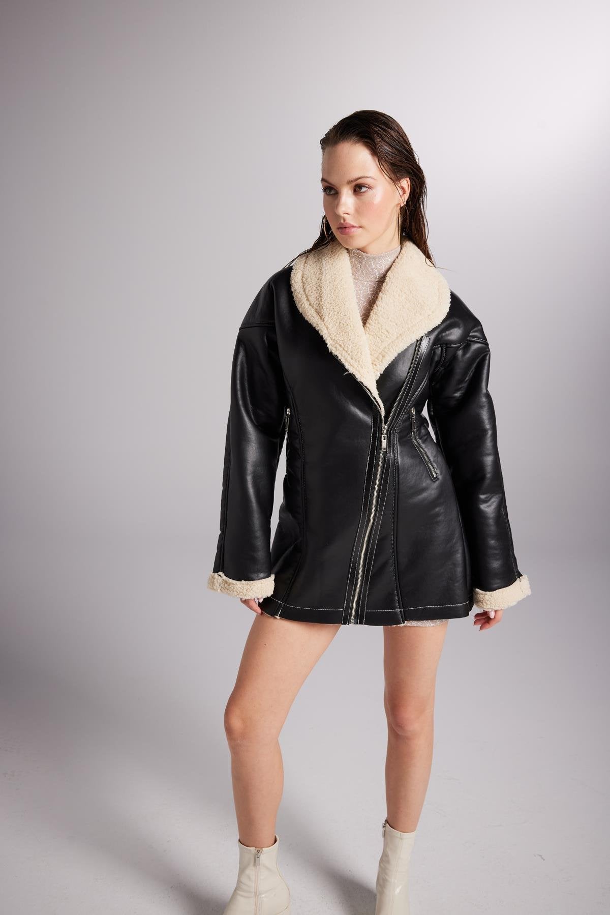 Monero Black Vegan Faux Leather Coat with Fur Lining-2