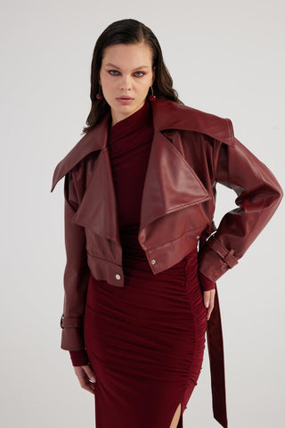 Neeko Burgundy Faux Leather Cropped Jacket-1