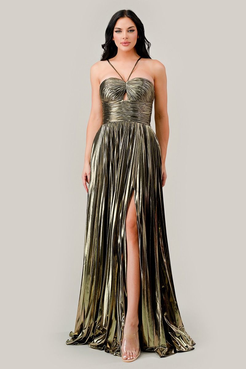 Halter Pleated Lame' Metallic A-Line Gown-2