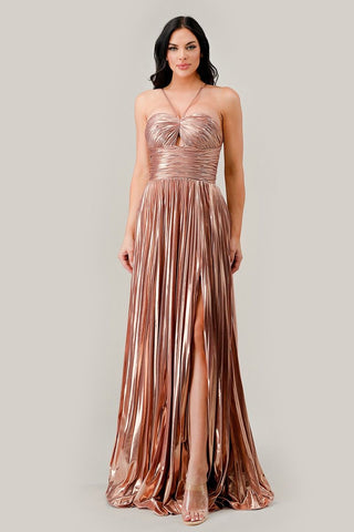 Halter Pleated Lame' Metallic A-Line Gown-1