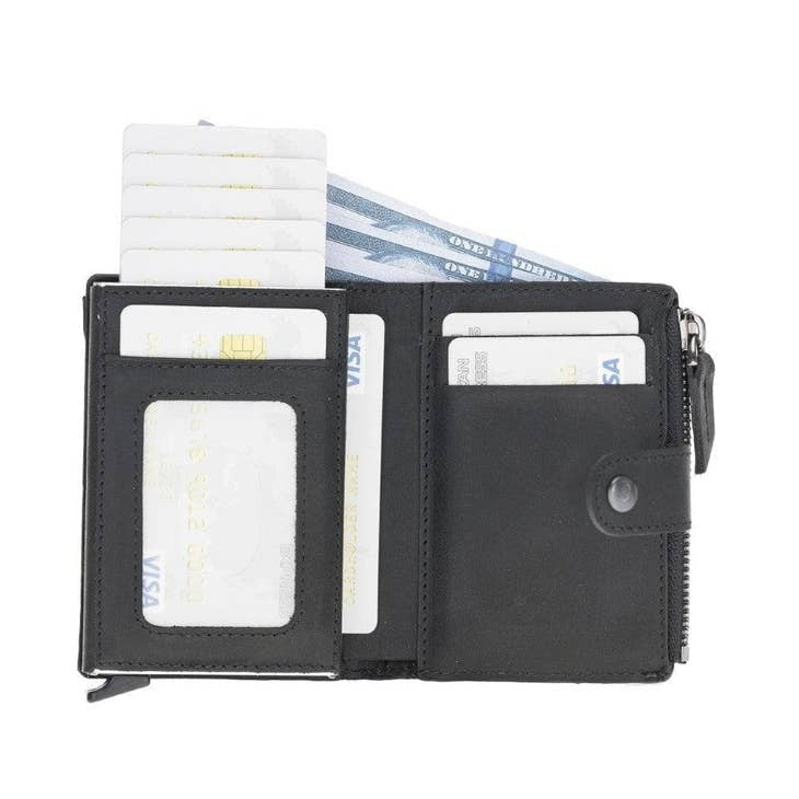 Aaron Leather Zip Mechanical Card Holder Black-4