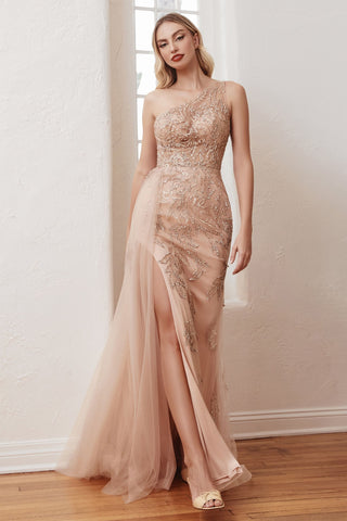 One Shoulder Embellished Gown With Tulle Overskirt-0