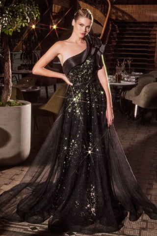 One Shoulder Black Ball Gown-0