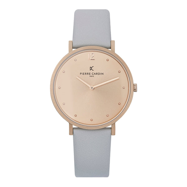 PIERRE CARDIN Women's Watch with Rose Gold Stainless Steel Case and Gray Leather Band-0