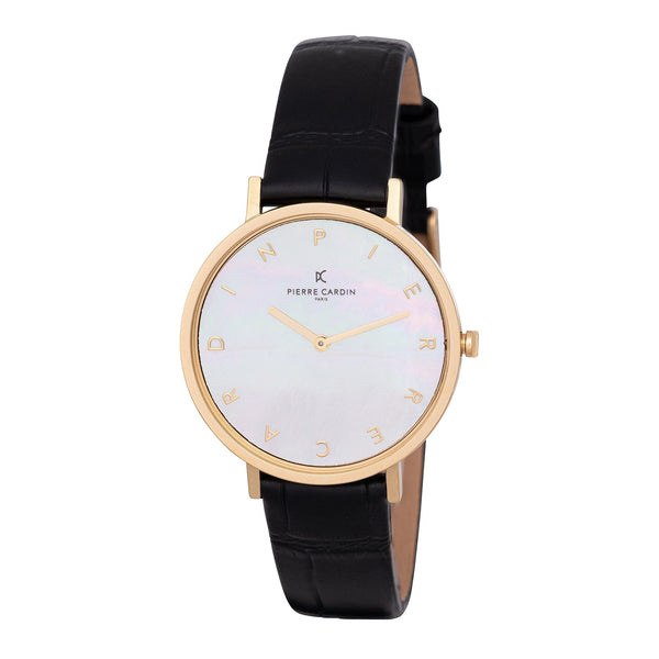 PIERRE CARDIN Women's Watch with Gold Metal Case and Black Leather Band-0