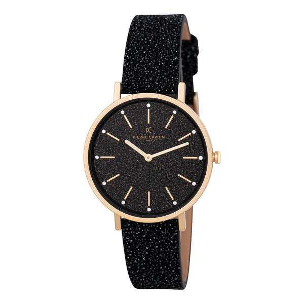 PIERRE CARDIN Women's Watch with Gold Metal Case and Black Leather Band-0